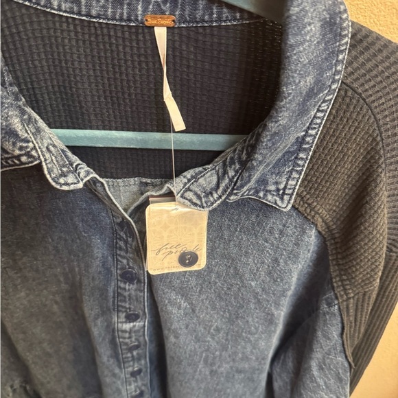 NEW! FREE PEOPLE Kenny Blue Denim Mini Dress Baby Doll Fray Edge Boho SZ MED NWT - Picture 9 of 14